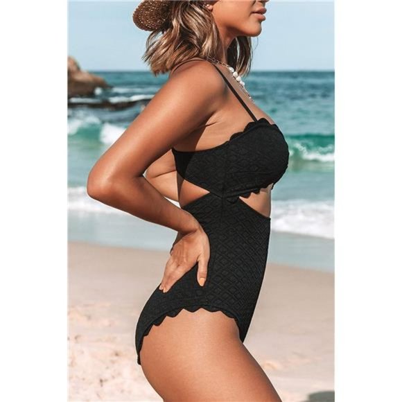 Women's One Piece Swimsuit Sexy Black Cutout Scallop Trim Bathing Suit - Picture 2 of 6